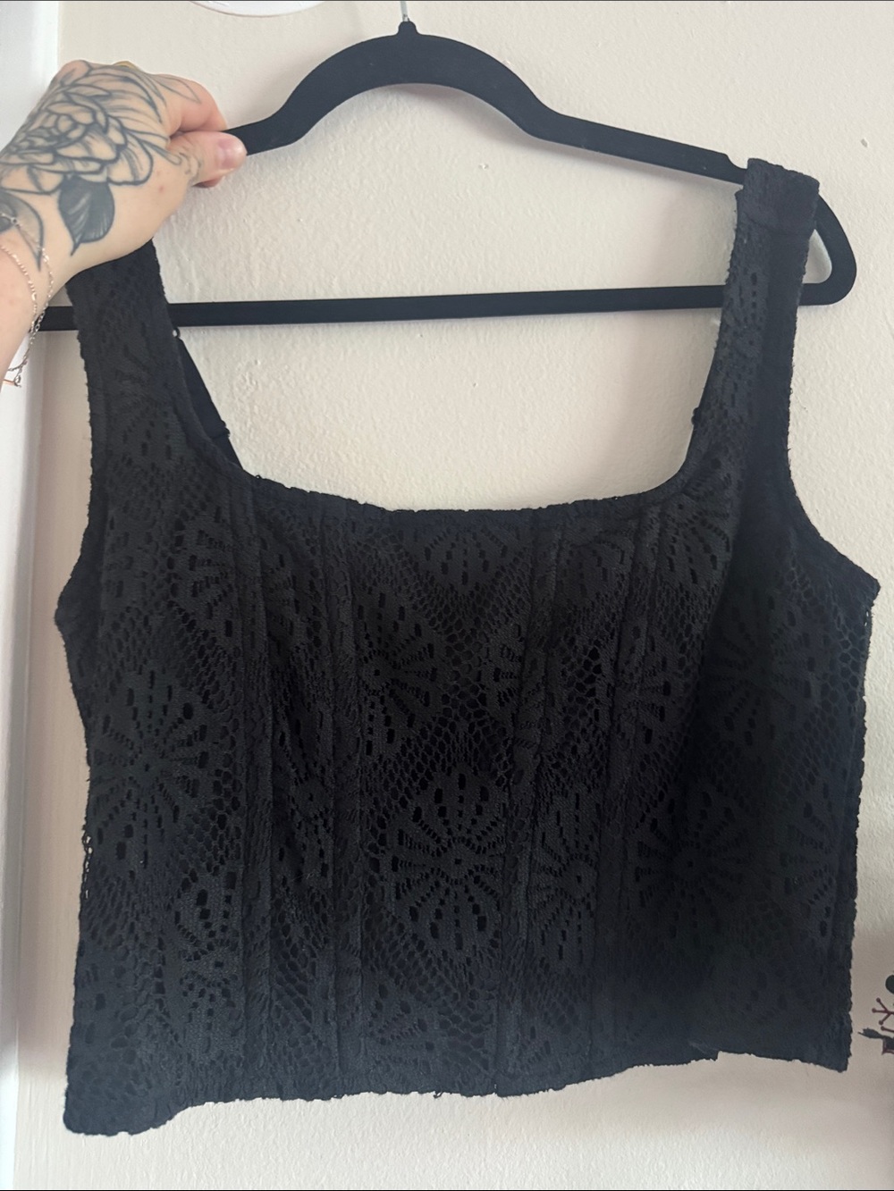 American Eagle Outfitters Black Lace Square-Neck Crop Tank
